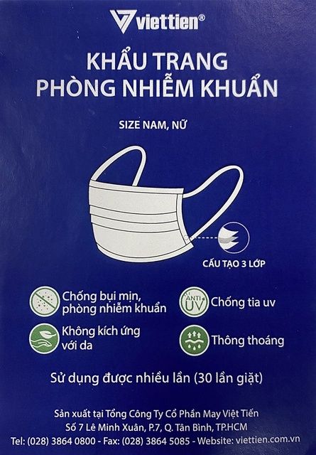 Khẩu trang vải phòng nhiễm khuẩn Việt Tiến gói 3 cái (giao màu ngẫu nhiên) | BigBuy360 - bigbuy360.vn