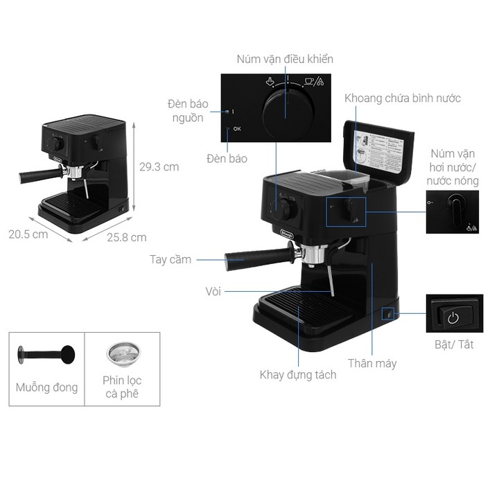 Máy pha cà phê cao cấp Espresso thương hiệu Delonghi EC235.BK Công suất 1100W - HÀNG NHẬP KHẨU (Bảo hành 12 tháng)