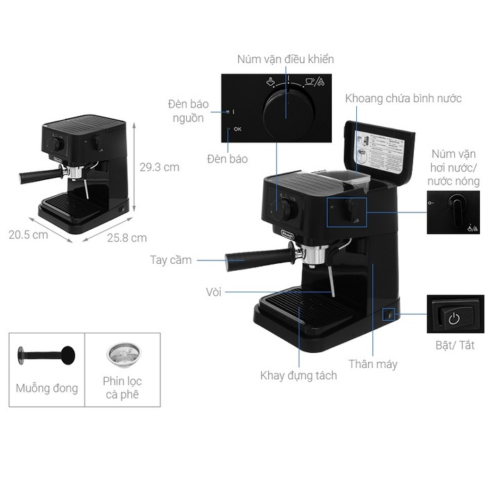 [GIÁ SỐC - HÀNG CHÍNH HÃNG] Máy pha cà phê cao cấp Espresso, thương hiệu Delonghi EC235.BK (Công suất 1100W)