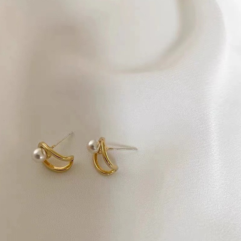 Khuyên tai chốt xỏ bạc S925 thiết kế dáng chữ U đính hạt ngọc trai nhân tạo phong cách Hàn Quốc đơn giản thời trang