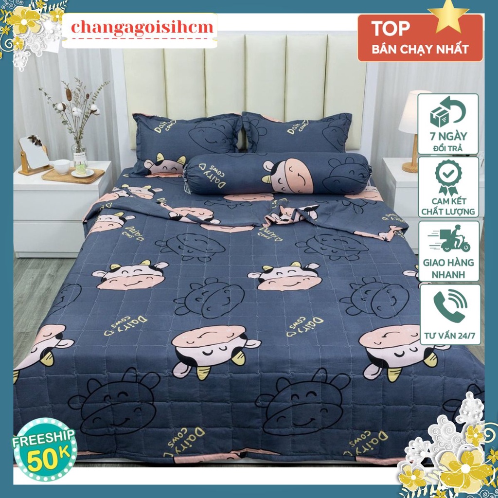 Bộ ga gối kèm vỏ gối 3 món,kích thước 1m6x2m,1m8x2m,vải cotton poly-MẪU BÒ SỮA XÁM