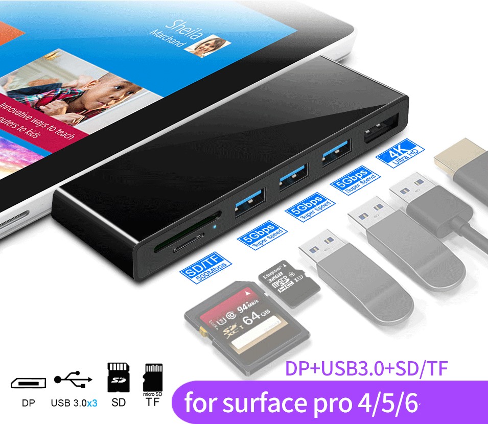 Đế cắm Hub USB Surface Pro, Bộ điều hợp Hub USB 3.0 6 trong 1 với Cổng hiển thị 4K DP, 3 cổng USB 3.0 (5Gps), Bộ điều hợp Surface Pro thẻ SD / TF cho Surface Pro 6/5/4