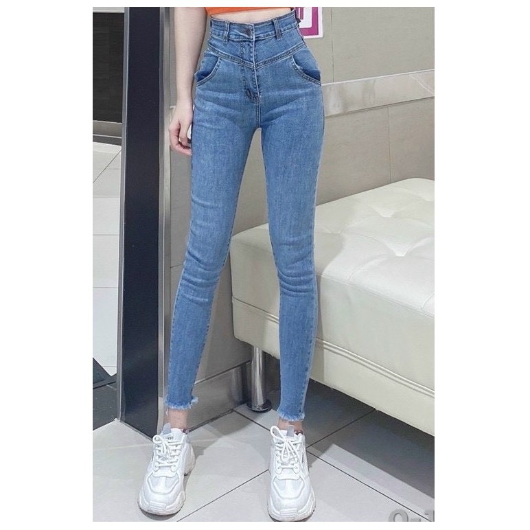 Quần jean nữ lưng cao LẰN V ĐAI TRƯỚC màu xanh PHONG CÁCH chất jean giãn tốt Vlant2W-11
