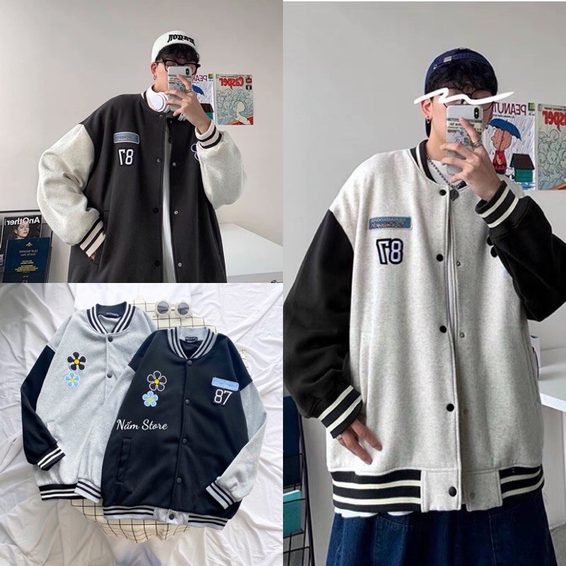 Áo khoác bomber in hình hoa 87 phối tay unisex form rộng style ulzzang - Áo khoác bóng chày màu xám, đen
