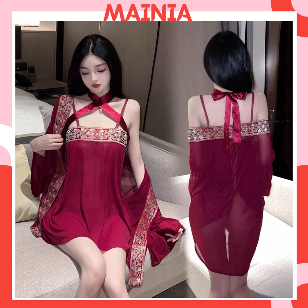 [Hàng Cao Cấp] Đầm Ngủ Váy Ngủ Ren Xuyên Thấu Phối Lụa Kèm Áo Choàng Cosplay Cô Nàng Trung Hoa Sexy Gợi Cảm Mainia Shop