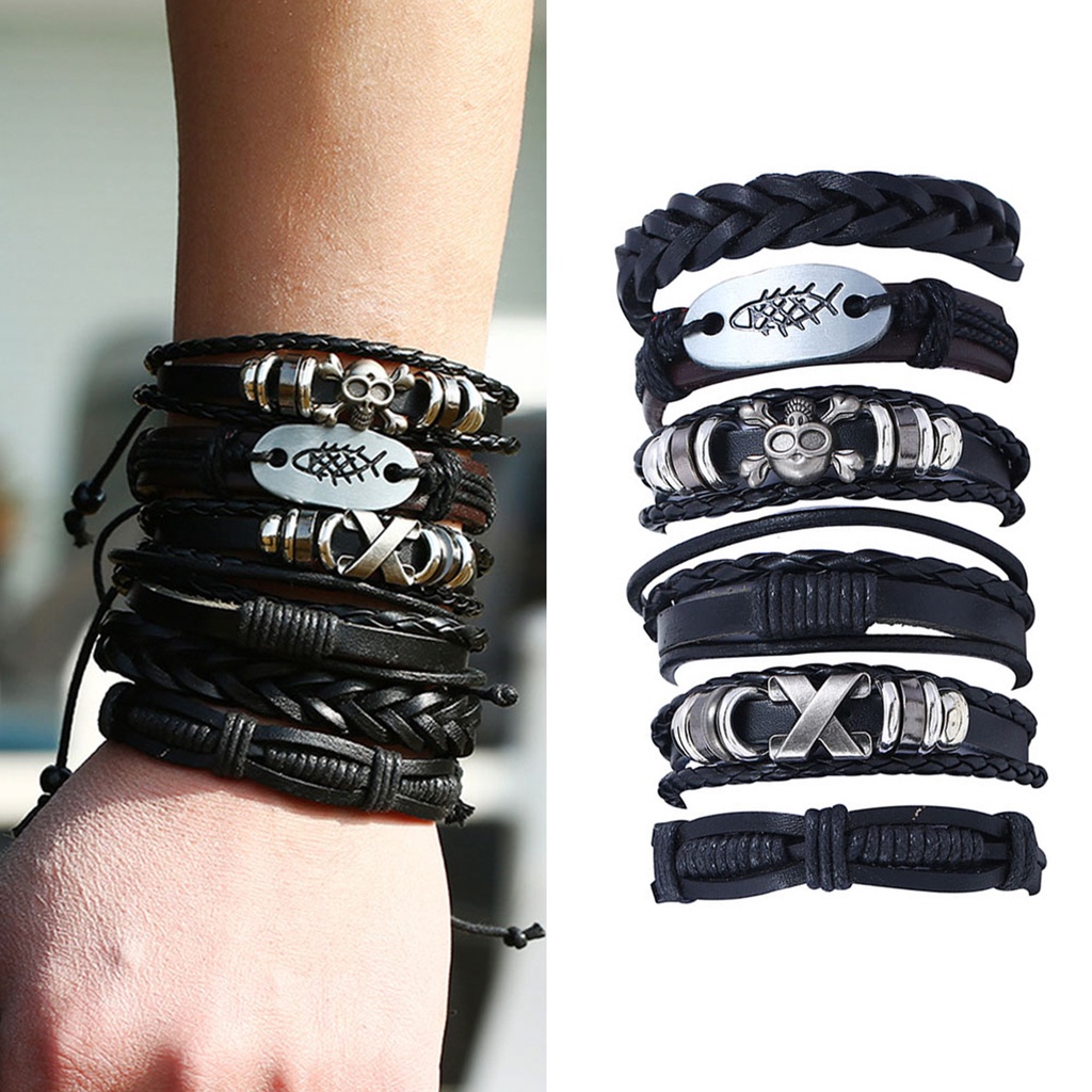 6 vòng tay dây da nhiều lớp cá tính cho nam