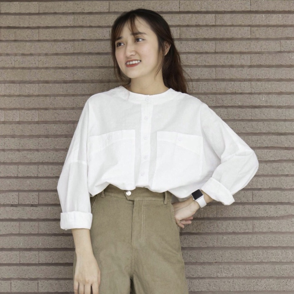 Áo sơmi nữ trắng cổ tròn basic from rộng dài tay kiểu công sở và đi học đẹp giá tốt ( Áo cổ Trụ )