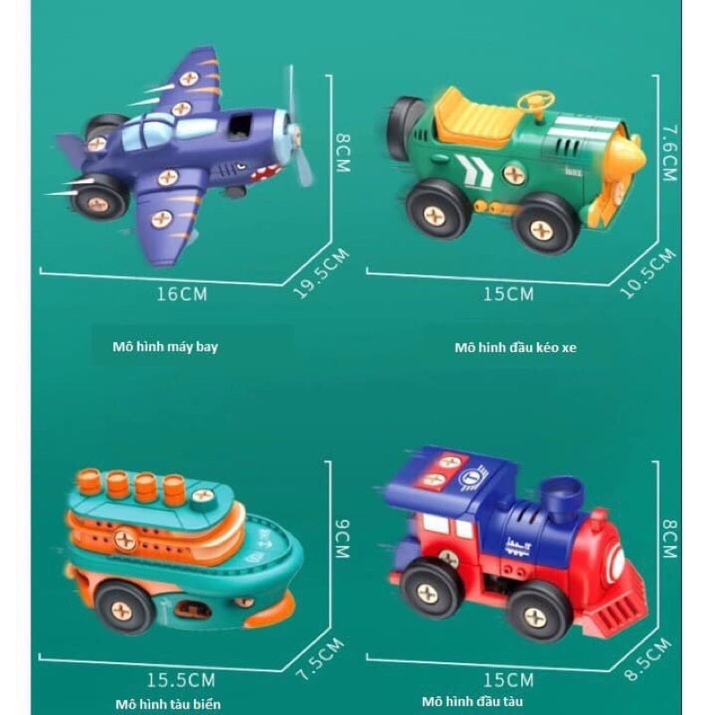 Đồ Chơi Lắp Ráp Xe - Bộ 4 Phương Tiện Xe Ô Tô, Máy Bay, Tàu Thuỷ, Tàu Hoả Có Kèm Tua Vít Cho Bé, Có Dùng Pin