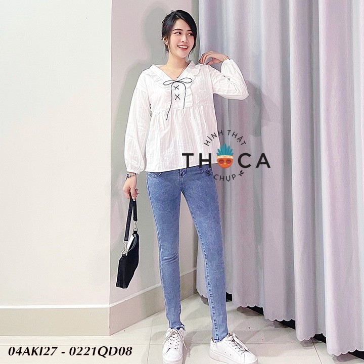 Quần jean nữ skinny dài 2 nút túi bầu kiểu tua THOCA HOUSE màu đen, xanh tôn dáng cao chân dài, dễ phối đồ