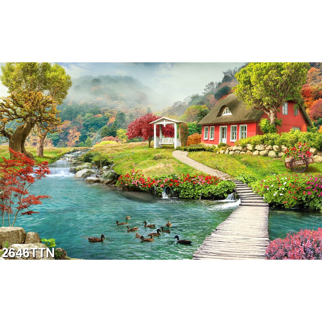 Giấy dán tường có keo sẵn, Tranh phong cảnh đồng quê, tô điểm phòng khách buồng ngủ hiện đại  2646