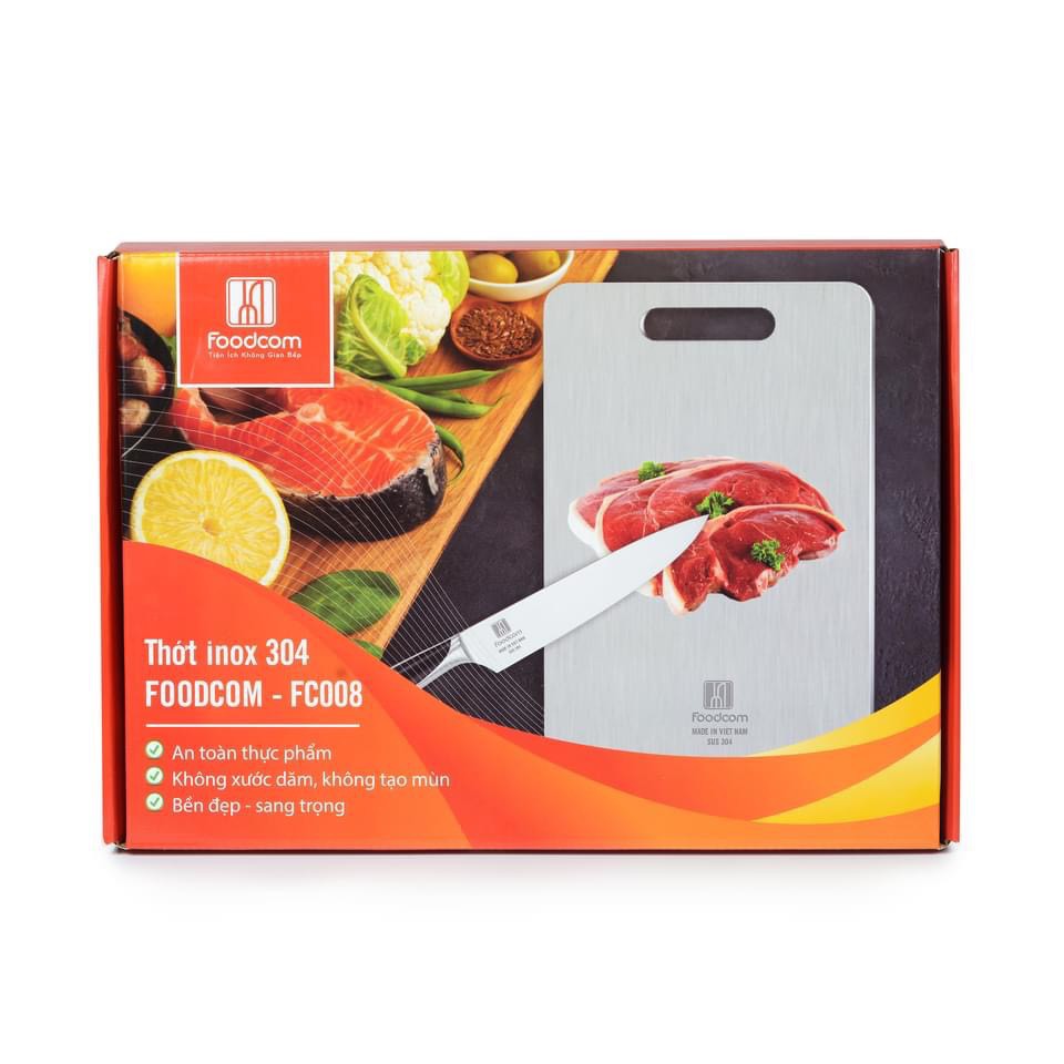 Thớt inox 304 kháng khuẩn Foodcom FC008 size 300*230mm, chống ẩm mốc độc hại