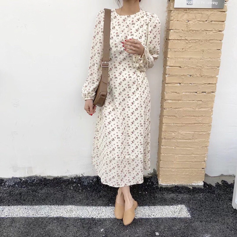 Váy hoa nhí dáng dài thắt nơ eo/Spring item