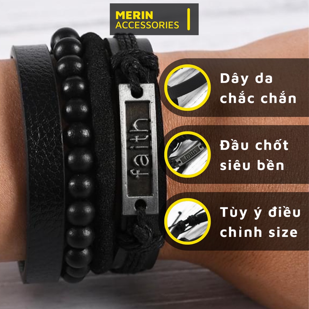 Vòng Tay Nam Lắc Tay Unisex Thời Trang Đeo Tay Nam Nữ Basic Merin Accessories Màu Đen - Vòng Tay Da Faith