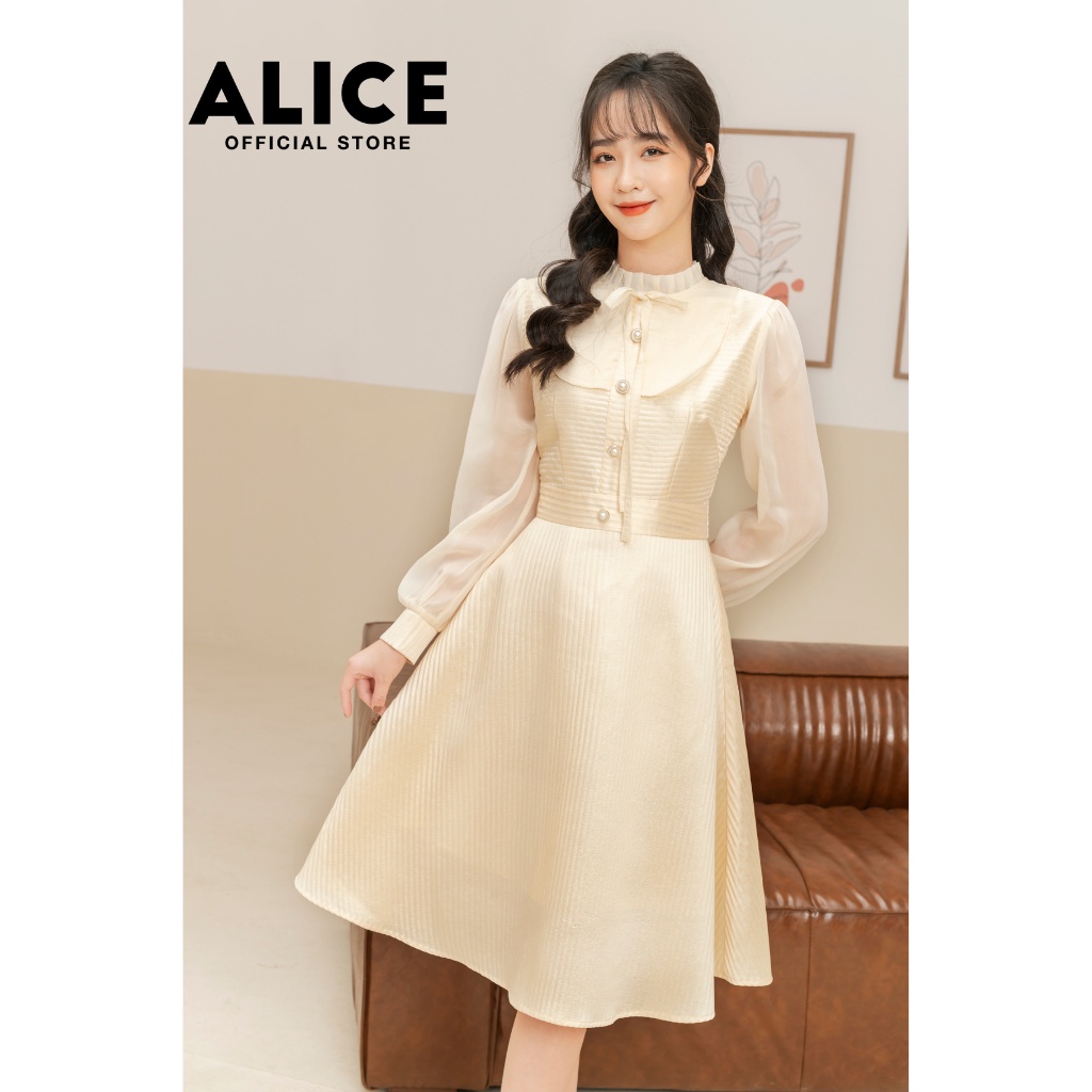 Váy Dự Tiệc Sang Chảnh ALICE Thiết Kế Dài Tay Tiểu Thư Eo Dập Ly Phối Tơ Lụa V739 | BigBuy360 - bigbuy360.vn