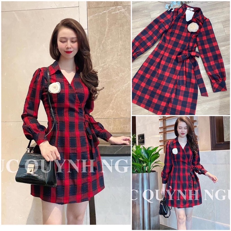 ♥️Đầm caro kẻ đỏ kèm hoa siêu hót♥️Thời Trang Elisa♥️