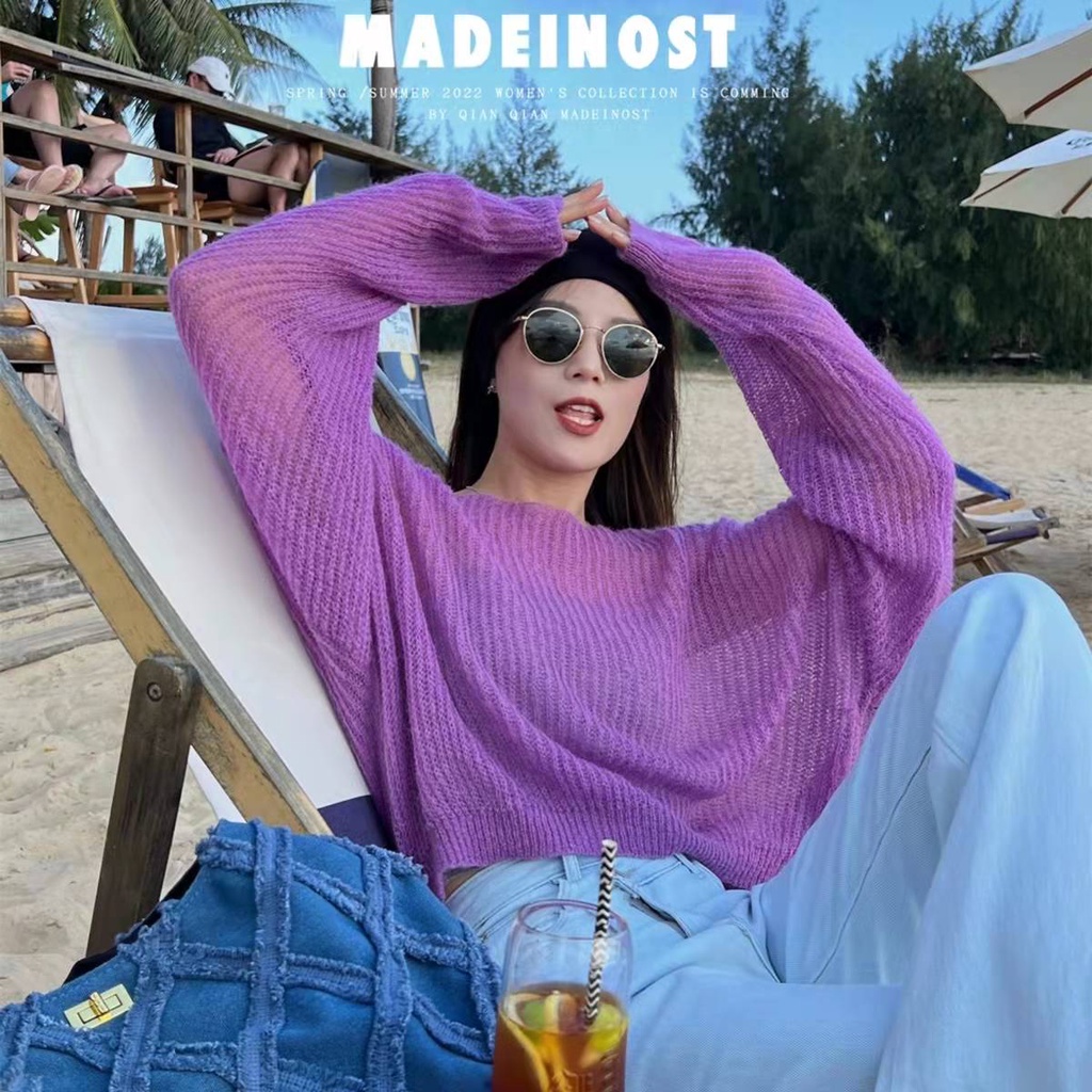 SUXI Áo Dệt Kim Tay Dài Dáng Rộng Màu Sắc Thanh Lịch