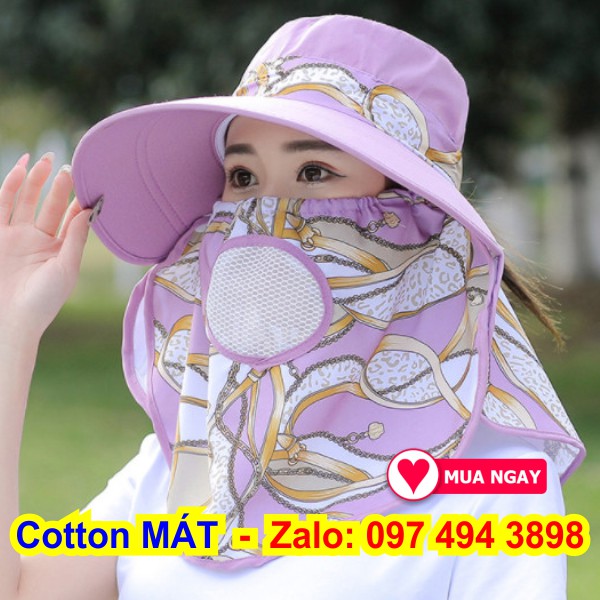 Nón chống nắng mũ che nắng màu xanh dương vải cotton cực đẹp và mát vành nón rộng mát có khẩu trang 2 lớp bảo vệ