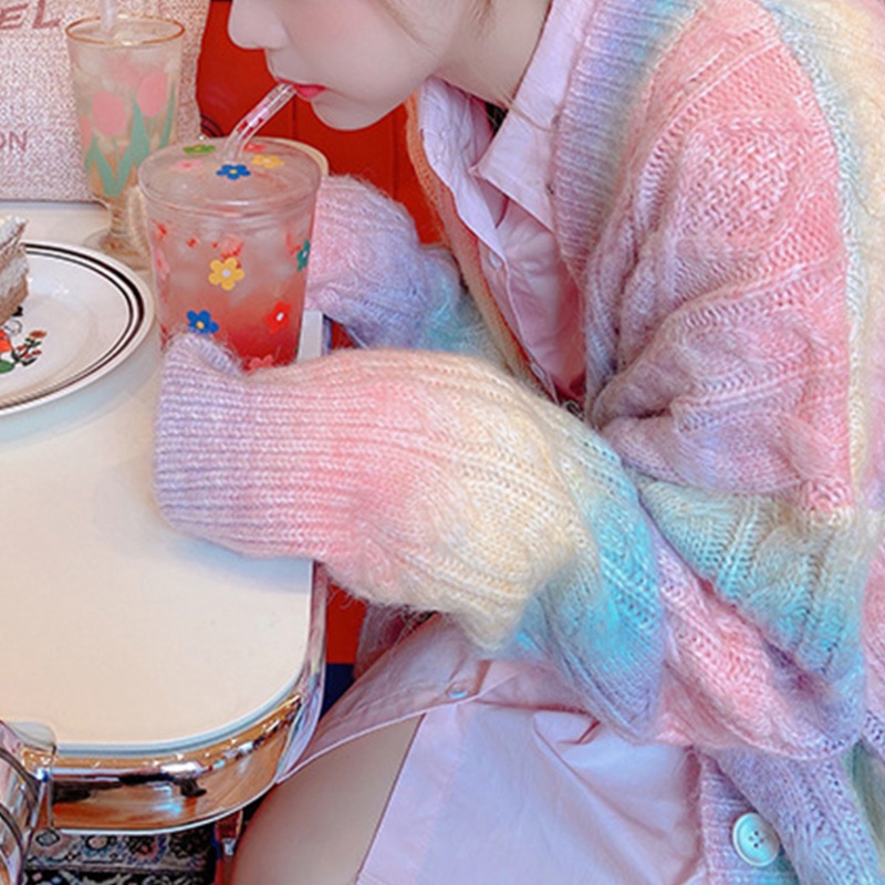 Xiangbao Áo Khoác Cardigan Dệt Kim Dài Đến Đầu Gối Dáng Rộng Cài Nút Màu Cầu Vồng Phía Trước Cho Nữ