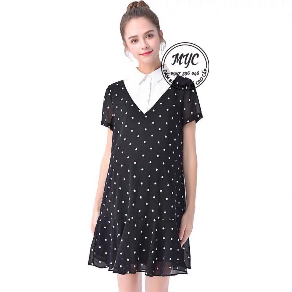 Váy bầu chấm bi phối cổ sơ mi