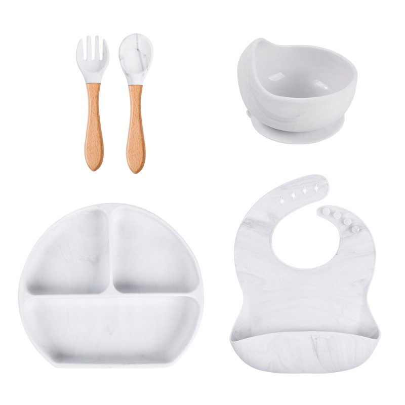 Bộ 5 Dụng Cụ Tập Ăn Gồm Bát / Muỗng / Nĩa Chia Ngăn Bằng Silicone Cho Bé