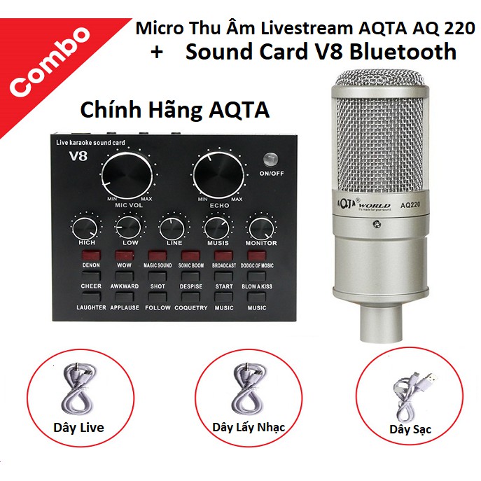 Combo Sound Card V10 Bluetooth Kèm Tay Điều Khiển + Micro Thu Âm AQ 220 Chính Hãng AQTA Bảo Hành 6 Tháng