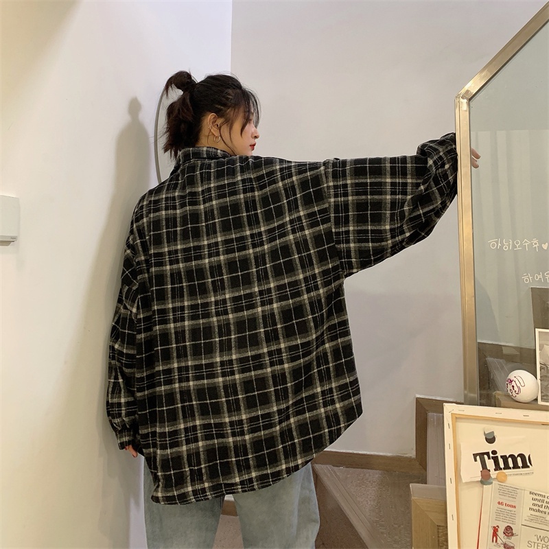 SUXI Áo Sơ Mi Caro Tay Dài Dáng Rộng Trẻ Trung Phong Cách Vintage Cho Bạn Gái