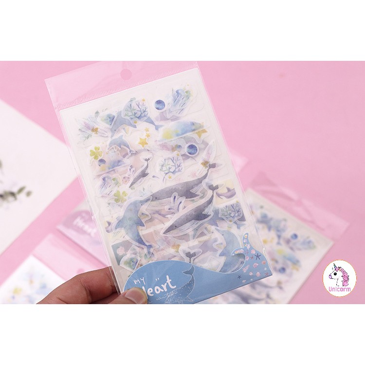 Set 4 tấm Sticker cá heo my heart you siêu đáng yêu