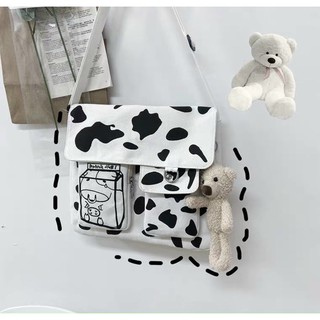 Túi đeo chéo thời trang nữ 2 ngăn có nắp đậy hoạ tiết Bò sữa