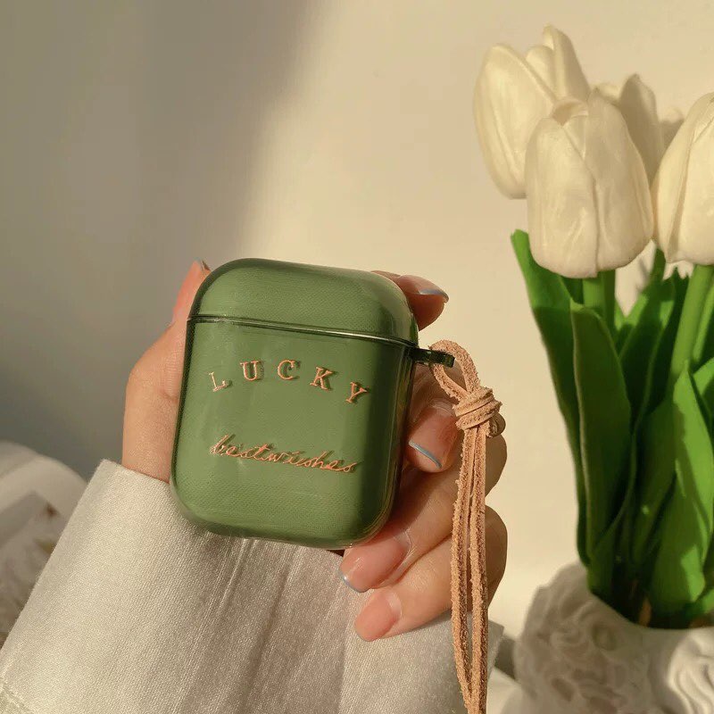 Ốp Bảo Vệ Tai Nghe Case Airpods 1 2 3 Pro Pro 2 2022 Lucky Xanh Lá Trong Suốt Chất Liệu TPU Kèm Móc Khóa Inox