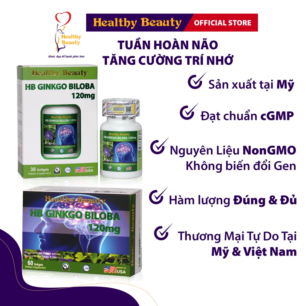 Viên Uống Tăng Cường Trí Nhớ, Tuần Hoàn Máu Não HB GINKGO BILOBA 120mg Healthy Beauty