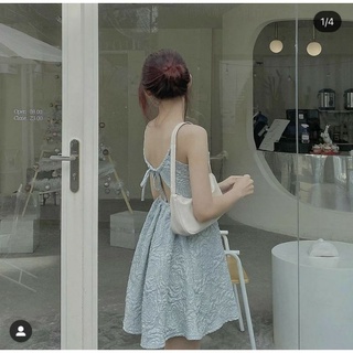 Đầm Gấm 2 Dây Xoè Cột Dây Lưng