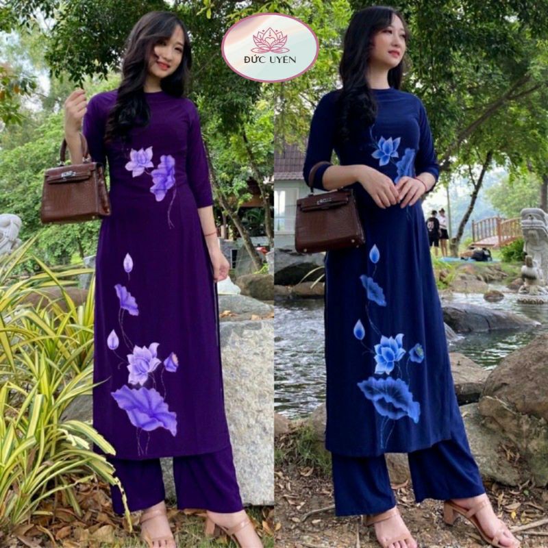 Đồ lam đi chùa- Mẫu áo dài vẽ sen chất thun