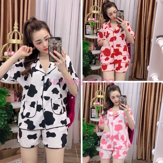 Đồ bộ mặc nhà, đồ bộ tiểu thư mặc nhà chất lụa mềm mịn áo tay lỡ quần đùi họa tiết bò sữa xinh xắn