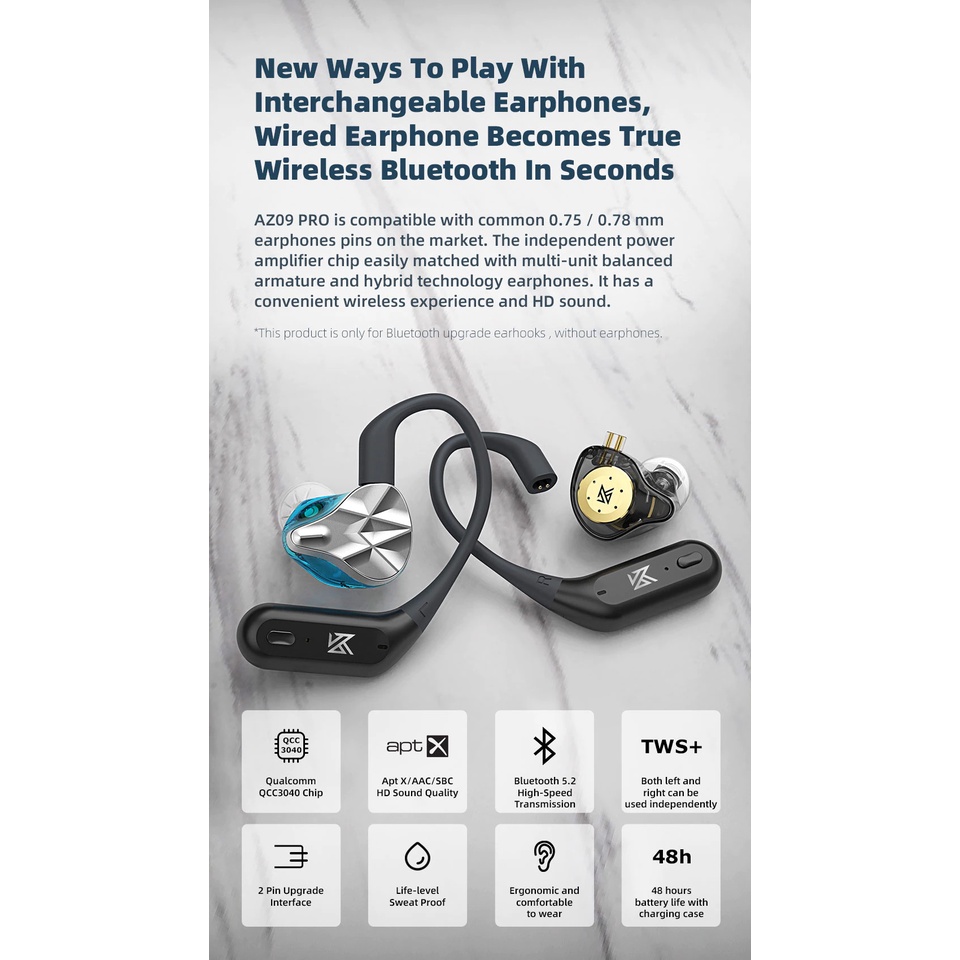 Cáp Bluetooth 5.2 KZ AZ10 AZ09 Pro TWS không dây cho Tai Nghe KZ QKZ CCA BLON 2 pin 0.75mm 0.78mm