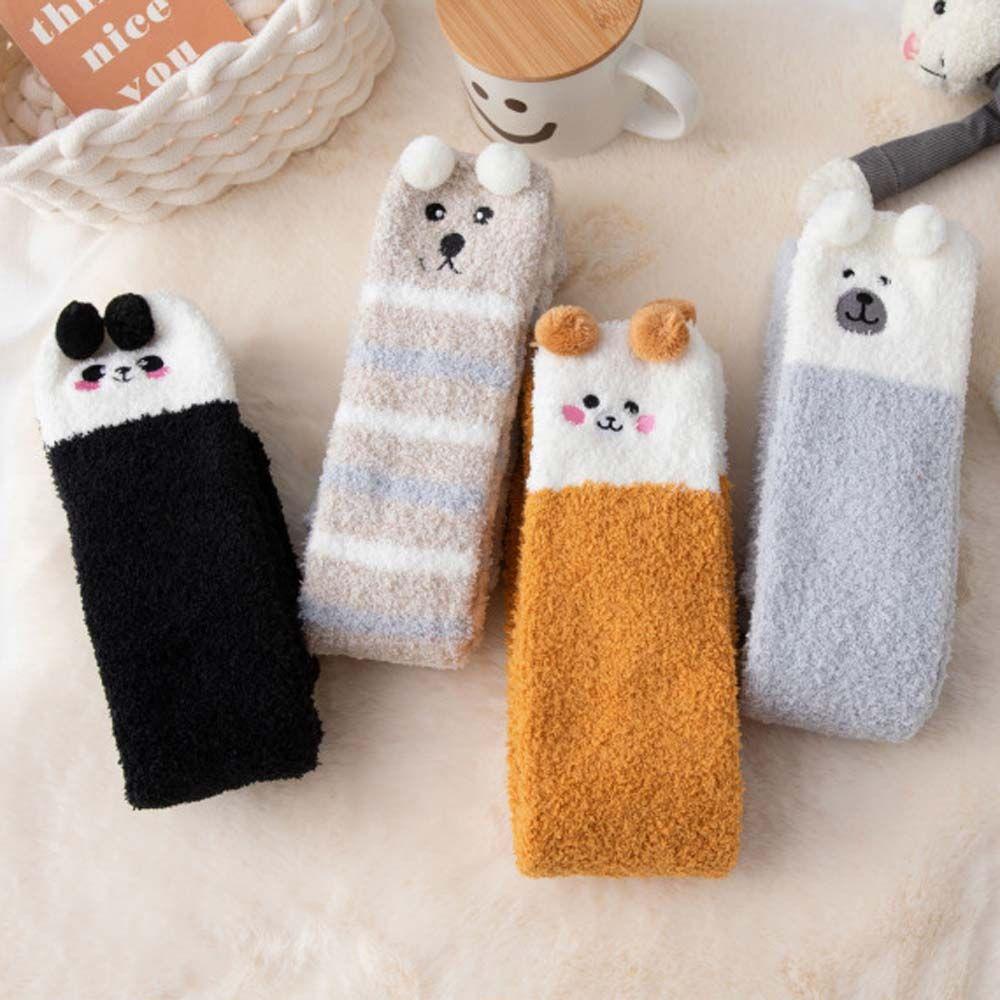QQMALL Vớ Lông Cừu San Hô Kẻ Sọc Hình Gấu Trúc Hoạt Hình Phong Cách Lolita Dễ Thương Cho Nữ Sinh