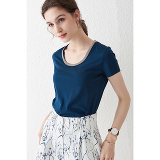 Áo thun chữ U ngắn cổ áo sơ mi cotton nữThiết kế đính cườm thủ công trên đường viền cổ áo