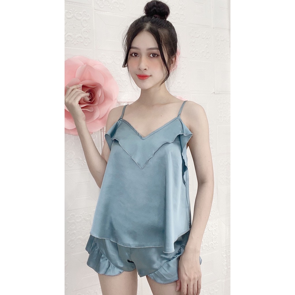 [Hàng VNXK] Bộ đồ mặc nhà Pijama quần đùi áo 2 dây lụa satin. Mã 011