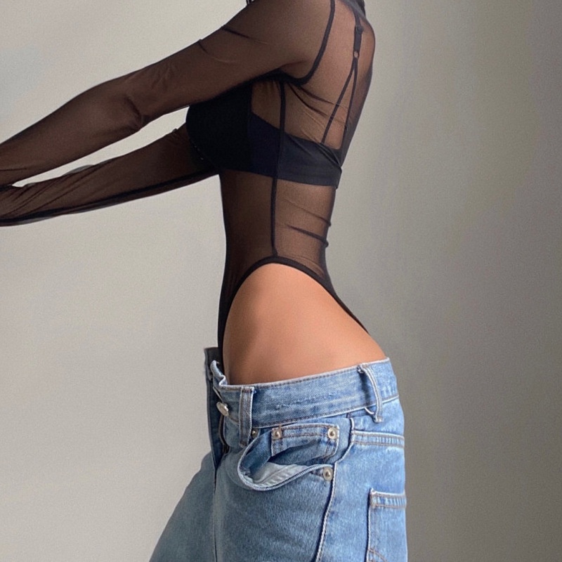 DUNEA Jumpsuit Tay Dài Xuyên Thấu Phối Khoá Kéo