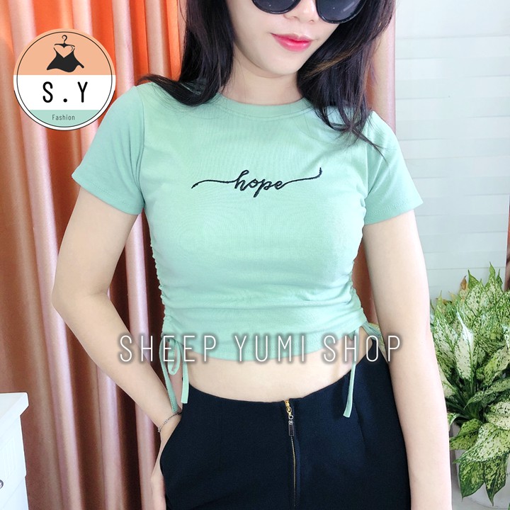 Áo Croptop Nữ Rút Eo Thêu Chữ Thun Borip Cổ Tròn SHEEP YUMI SHOP AC02