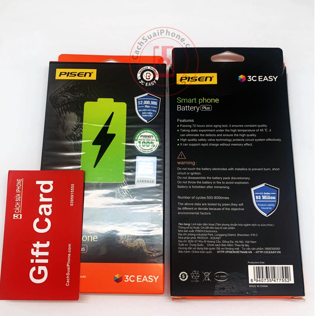 Pin Pisen Việt Nam Dung Lượng Siêu Cao cho điện thoại Táo