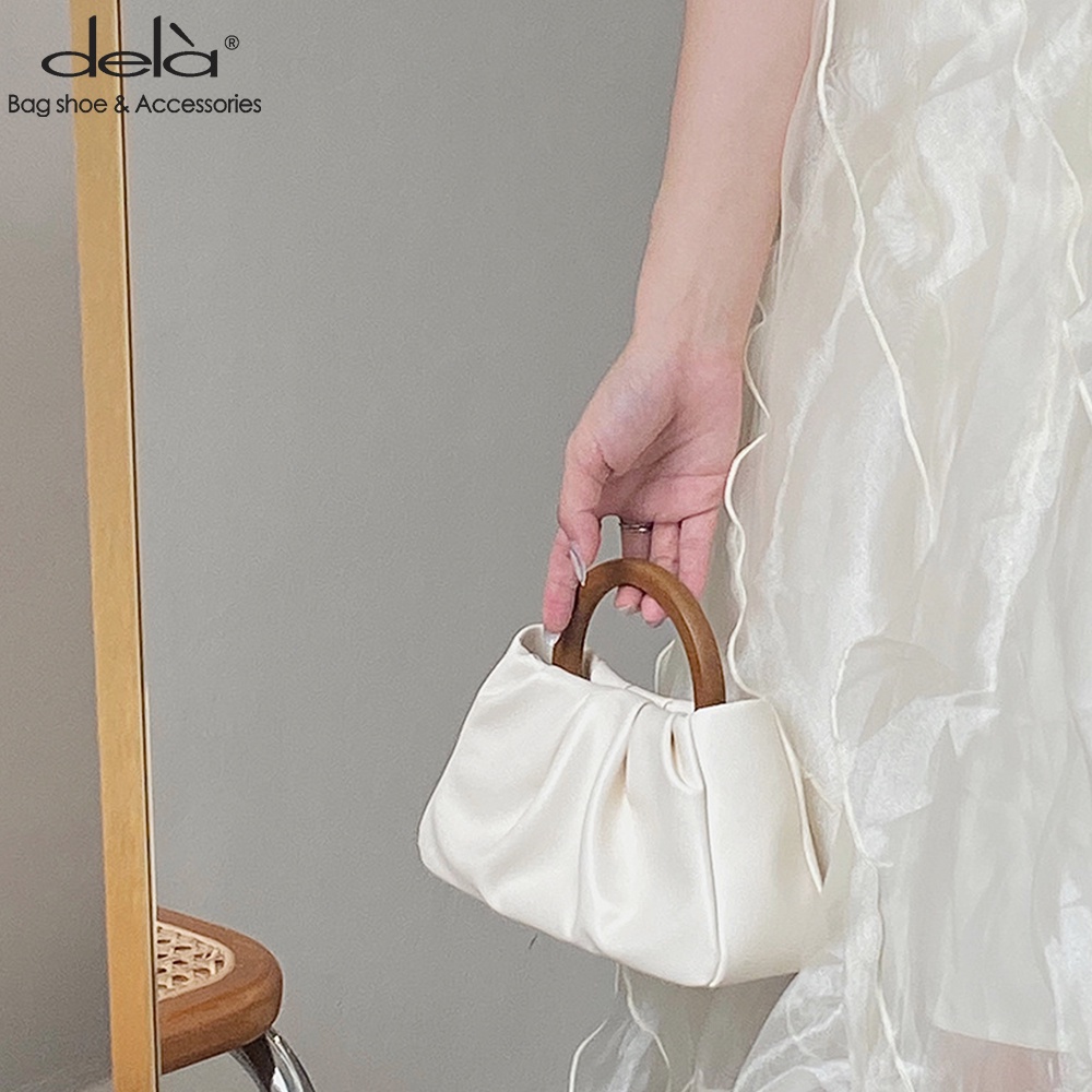Dela Túi Xách Nữ Mini Dela Đeo Chéo Hình Đám Mây Xếp Ly Tay Cầm Gỗ Thời Trang đi tiệc