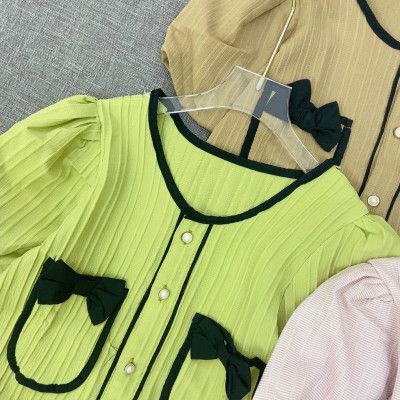 Áo kiểu nữ cô tròn phối nơ 2 túi viền