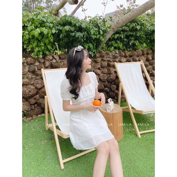 Váy thiết kế hoa nhí cổ vuông phối nơ Baby Flower dress