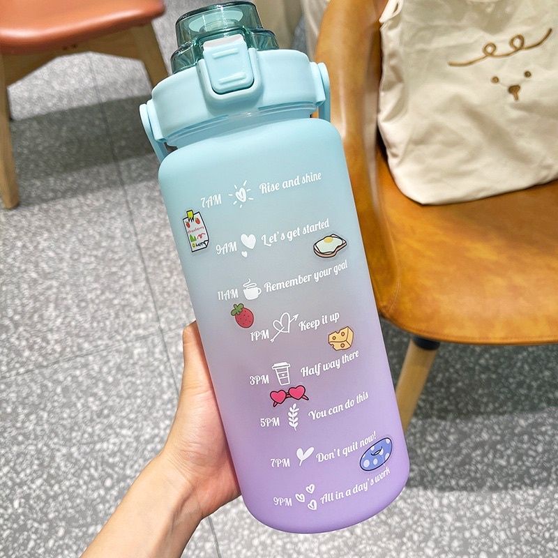 Bình nước 2L. Bình nước khổng lồ có chia vạch phong cách Hàn Quốc. tặng kèm sticker dễ thương..