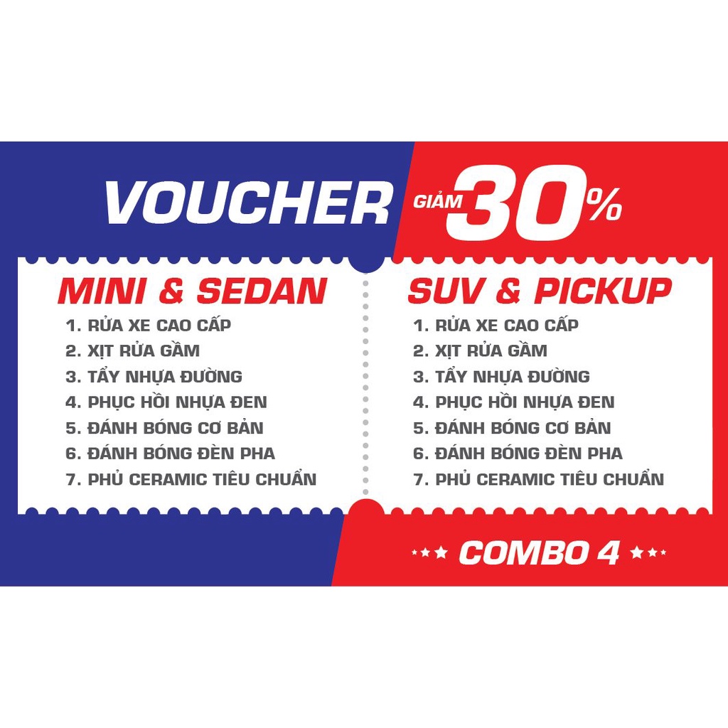 Voucher giảm 30% Combo Tẩy nhựa đường + phục hồi nhựa đen + đánh bóng + đánh bóng đèn pha + phủ ceramic