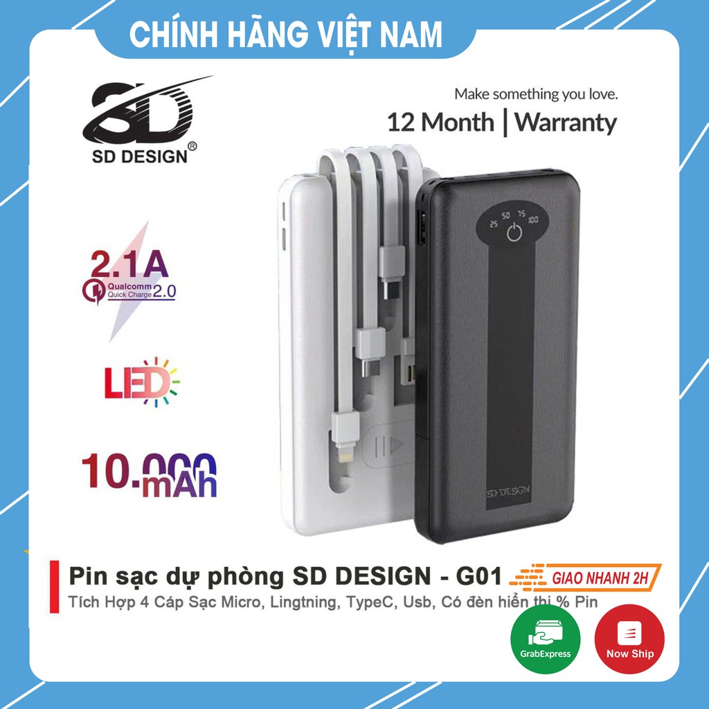 Sạc dự phòng chính hãng SD DESIGN G01 dung lượng 10.000 mAh có đầy đủ chân sạc cho iphone, samsung, xiaomi