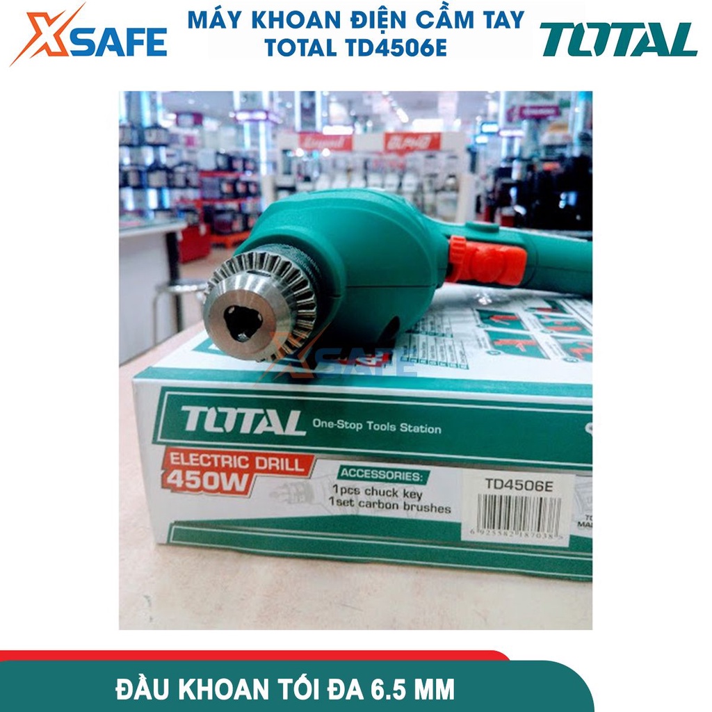 Máy khoan cầm tay TOTAL TD4506E công suất 450W, tốc độ 3200rpm, đầu khoan 6.5mm, khả năng khoan sắt 6mm, khoan gỗ 20mm