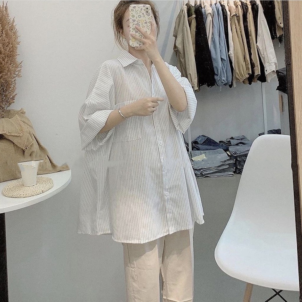 Áo sơ mi dáng rộng Hàn Quốc, Áo sơ mi kẻ sọc nhỏ tay lỡ Ulzzang