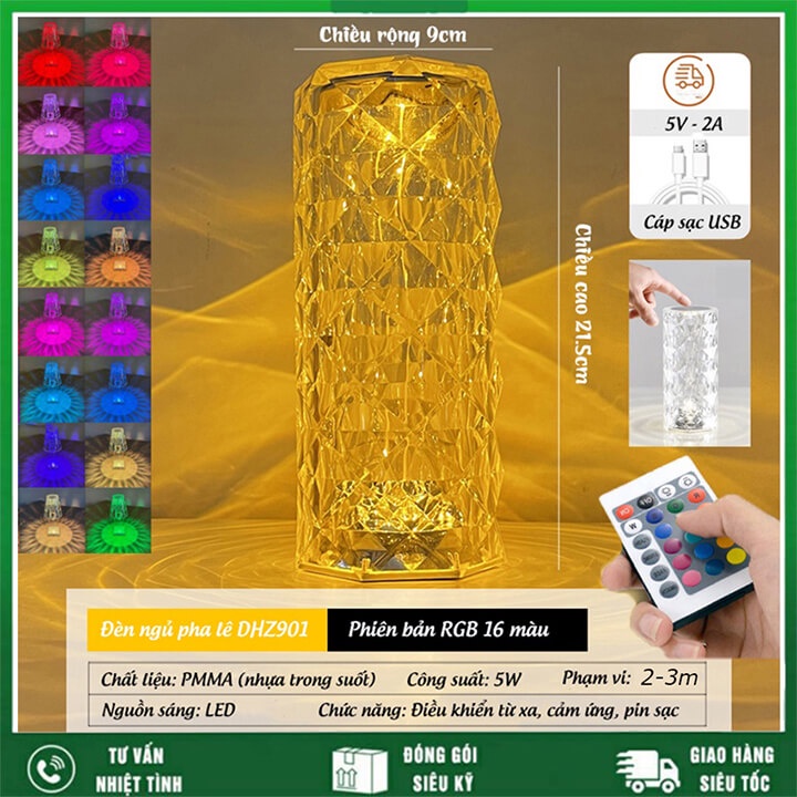 Đèn ngủ pha lê để bàn trang trí decor phòng cảm ứng Led GRB 16 màu có điểu khiển từ xa - tặng kèm dây sạc USB