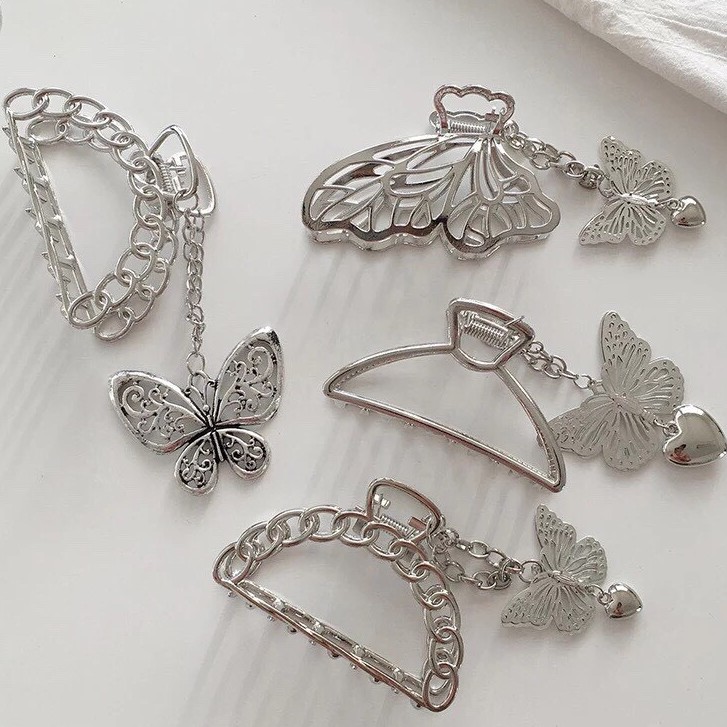 [Rẻ vô địch] KẸP Cặp tóc dây xích bướm màu bạc